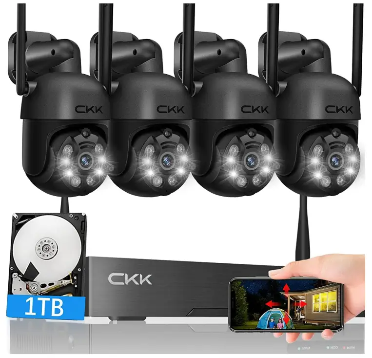 [10CH, Upgrading 5MP] CKK Wireless Security Camera System with 1TB HDD, 4pcs PTZ Cameras Outdoor Indoor, 3K WiFi Surveillance NVR System with Floodlights & Siren Alarm, 2 Way Audio, Waterproof