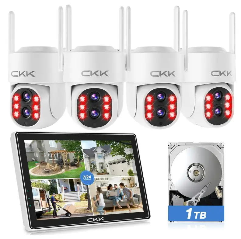 CKK 2K 4pcs Security Camera Wireless Outdoor with NVR System, 1TB HDD, Dual Lens, 10" LCD Monitor, PIR Motion Detection, Color Night Vision, 2-Way Talk, IP66 Waterproof, Audible & Floodlight Alarm
