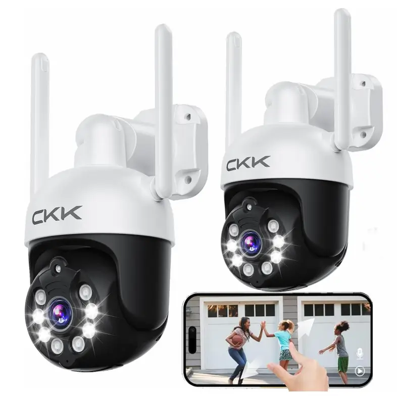 CKK 2pcs 3MP PTZ Camera System, The Wireless Security Cameras Outdoor with Floodlights & Siren, Floodlights & Siren, 2 Way Audio, Color Night Vision, 24/7 Record, Pan Tilt Zoom