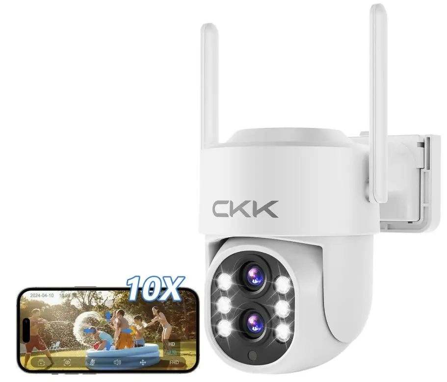 CKK 2MP Dual Lens Camera,Wireless WiFi 2.4/5GHz Outdoor Security Cameras Plug&Play for 10X Zoom Pan&Tilt 360°,AI Motion Detection/Light Alarm, 24/7 Recording, Work w/Alex